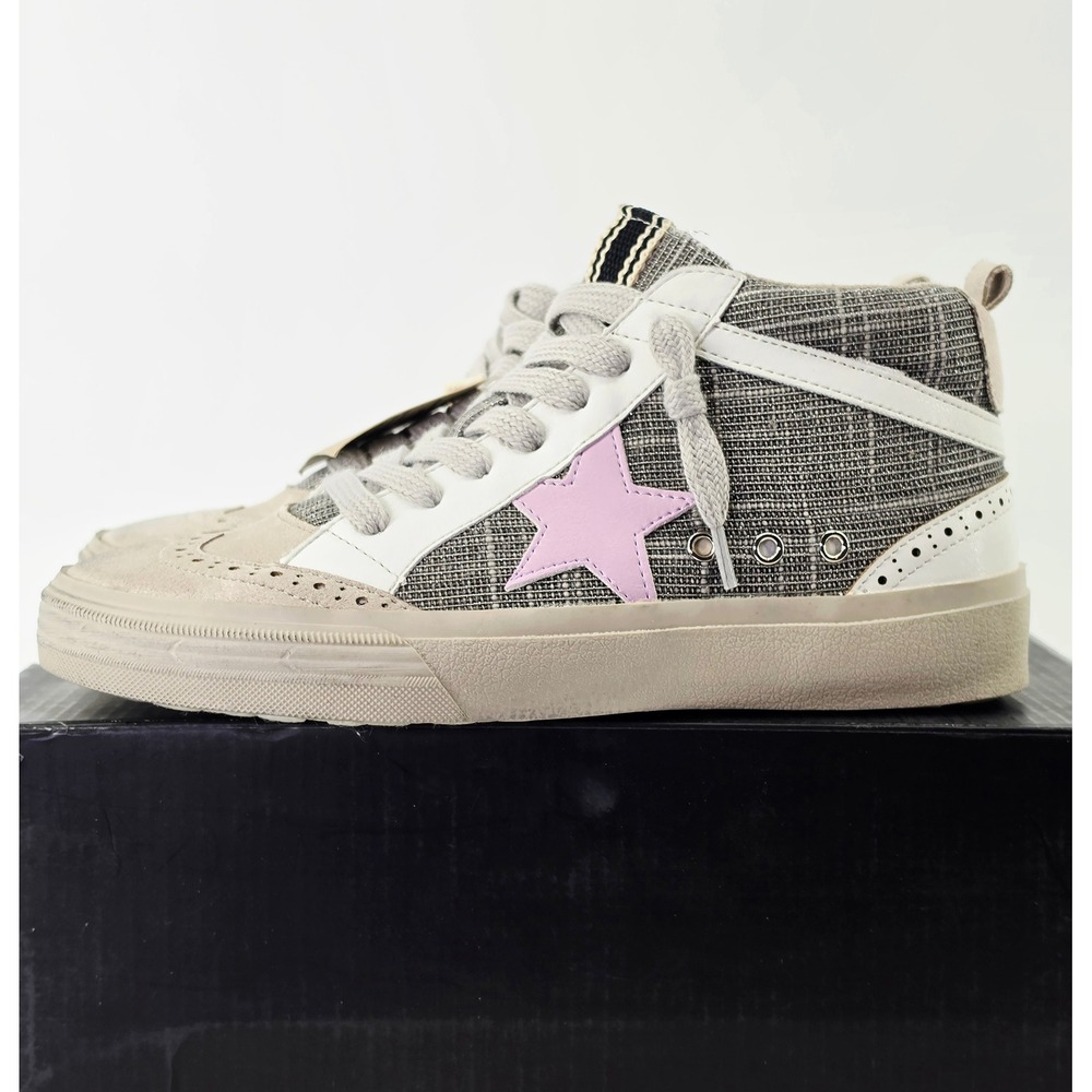 Shu Shop Paulina Mid‎ Top Sneakers Grey Plaid Pink Star Brogue Detail Womens 6.5